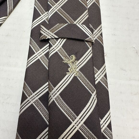 Bugatchi Men's Tie, 100% Silk Italy - Brown Grey Silver Geometric Stripe - Picture 5 of 9